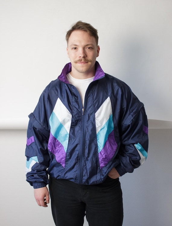 Navy Windbreaker 90s Vintage Chevron Color Block Purple Teal Shell Jacket Zip Sleeve XL