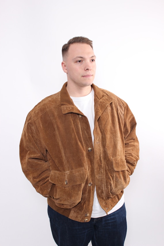 Vintage 90s Suede Leather Bomber Jacket XL Brown Oversized Jacket
