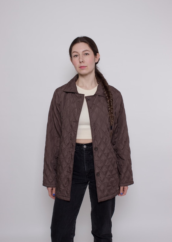 Vintage Quilted Jacket Women Brown Diamond Quilt Coat Minimalist Jacket, Size M