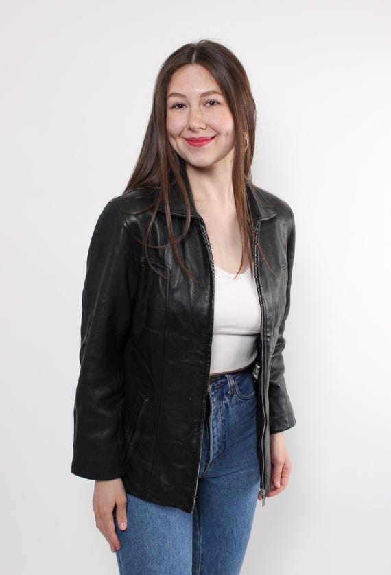 90s Black Leather Jacket Vintage Relaxed Zip Up Shirt Collar Boxy Minimalist Size M
