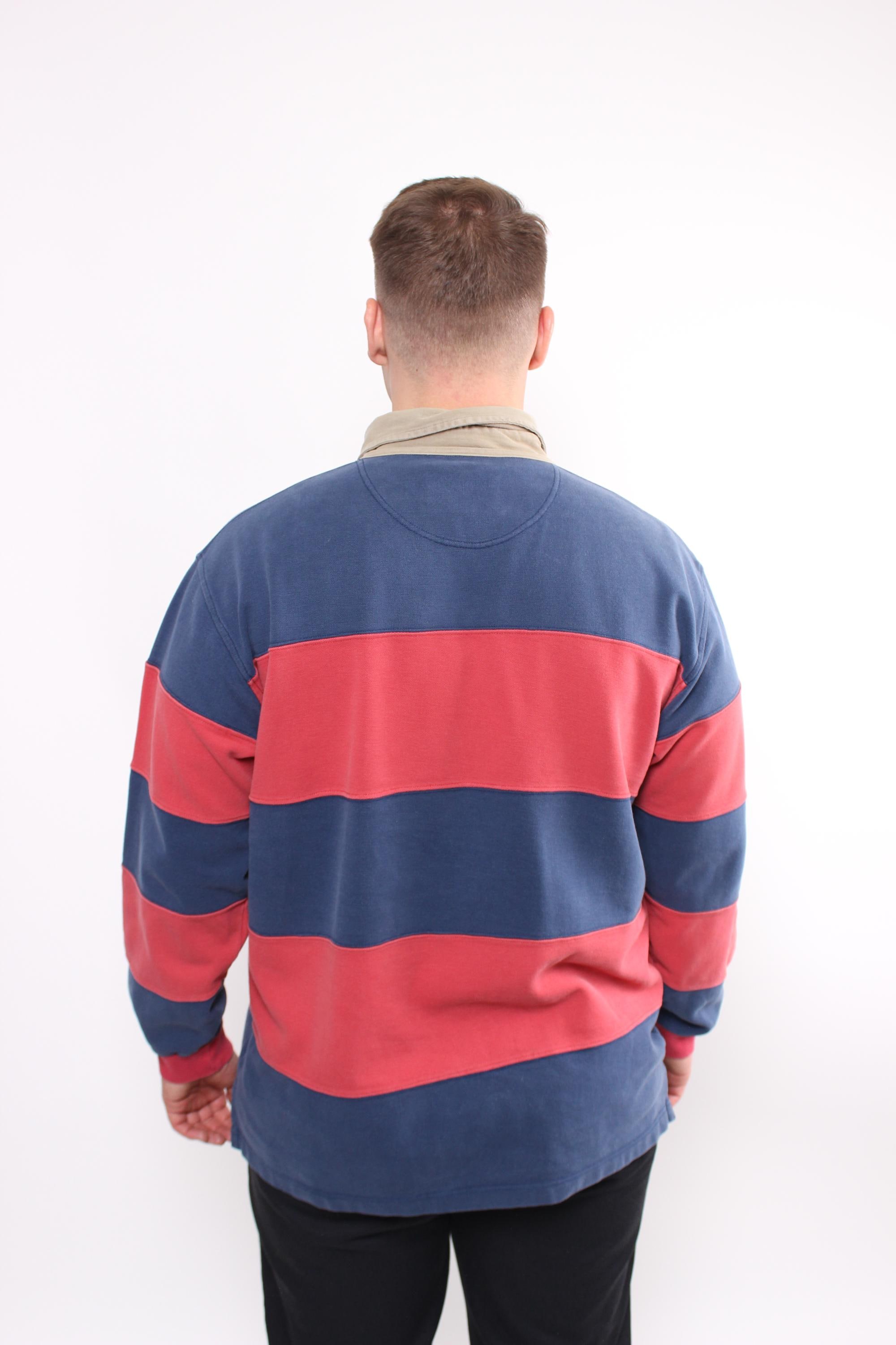 90年代の厚手のコットン製ラグビージャージ、長袖ストライプポロシャツ