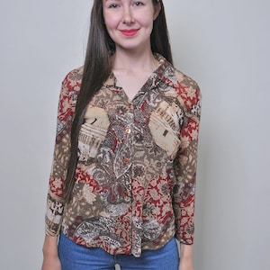 Blusa com estampa abstrata dos anos 90 em marrom, blusa vintage de manga comprida com estampa floral, tamanho M
