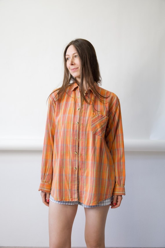 90s Orange Plaid Corduroy Shirt Vintage Oversized Size L