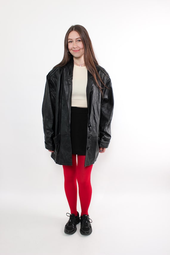 Buy Vintage 80s Oversized Black Leather Jacket, Long Genuine