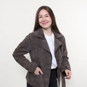 90s leather jacket, women vintage leather trench brown color, Size M