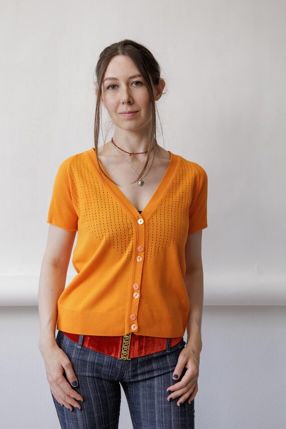 90s Tangerine Orange Pointelle Cardigan Vintage Belgian Knit V Neck Button Top Size M