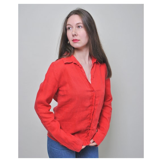 Vintage Red Cotton Blouse: 90s Ruffled Bertha Top, Size M
