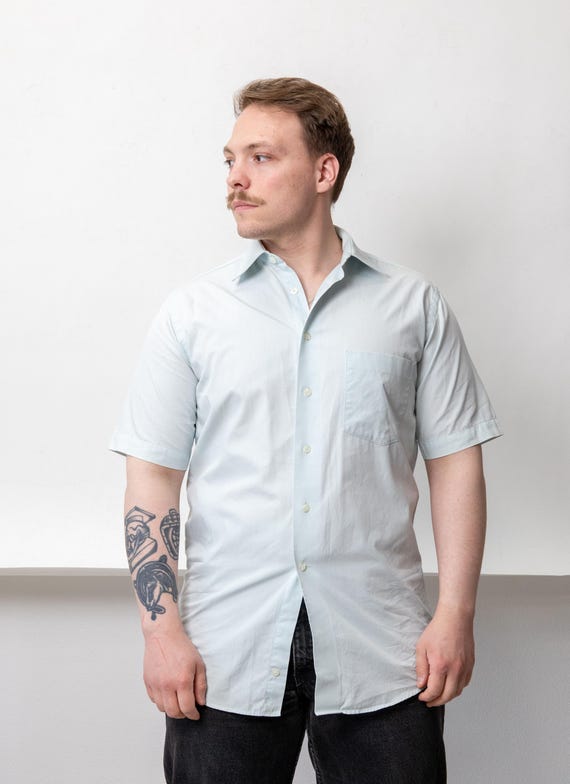 90s Pale Blue Shirt Vintage Short Sleeve Minimalist Cotton Button Up Size M