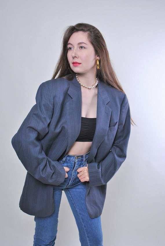 90s blue grey striped blazer, oversized menswear boyfriend jacket with shoulder pads, size Large