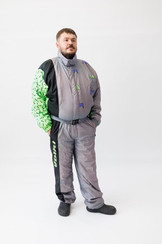 Volkl Grey Neon Green Doodle Print Asymmetric Vintage Mens Ski Suit Jumpsuit Size XL
