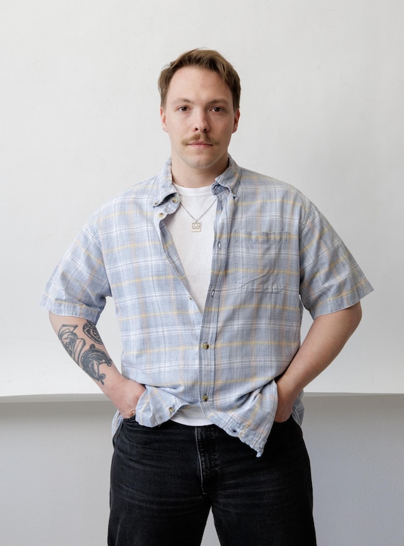 90s Pale Blue Plaid Shirt Vintage Short Sleeve Yellow Check Button Down Size XL