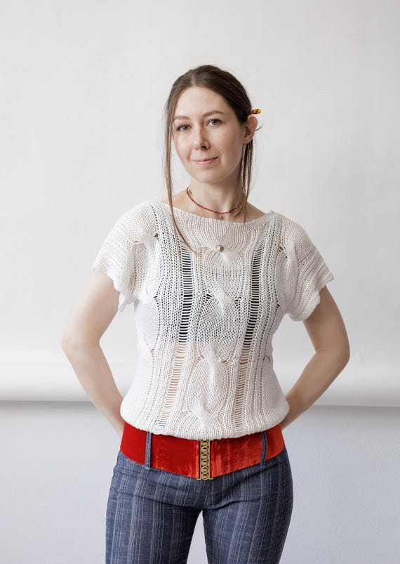 90s Drop Stitch Open Knit White Top Vintage Sheer Cable Knit Summer Sweater S