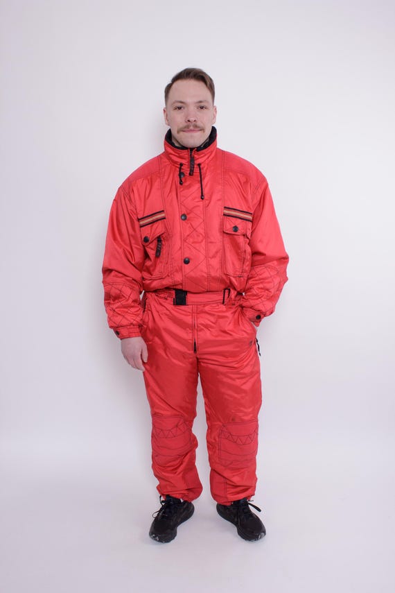 90s Vintage One Piece Ski Suit, Retro Mens Red Snowsuit, Size L