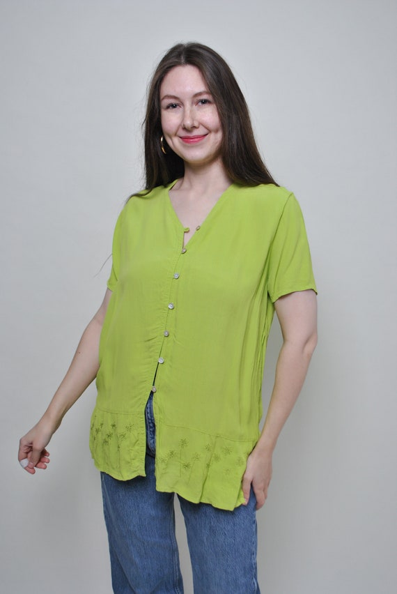 90s Lime Green Embroidered Hem Blouse Vintage Viscose Button Up V Neck Top M