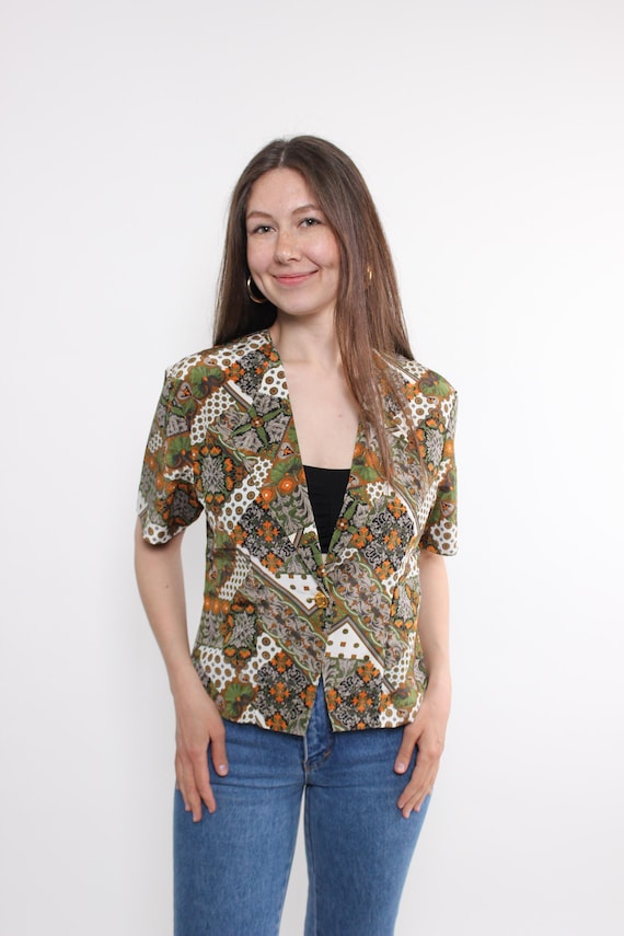 Vintage abstract print blouse, 90s Retro Festival artsy pattern shirt button detail, Size M