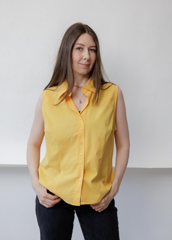 90s Marigold Yellow Sleeveless Shirt Collared Cotton Blend Button Up Summer Top L