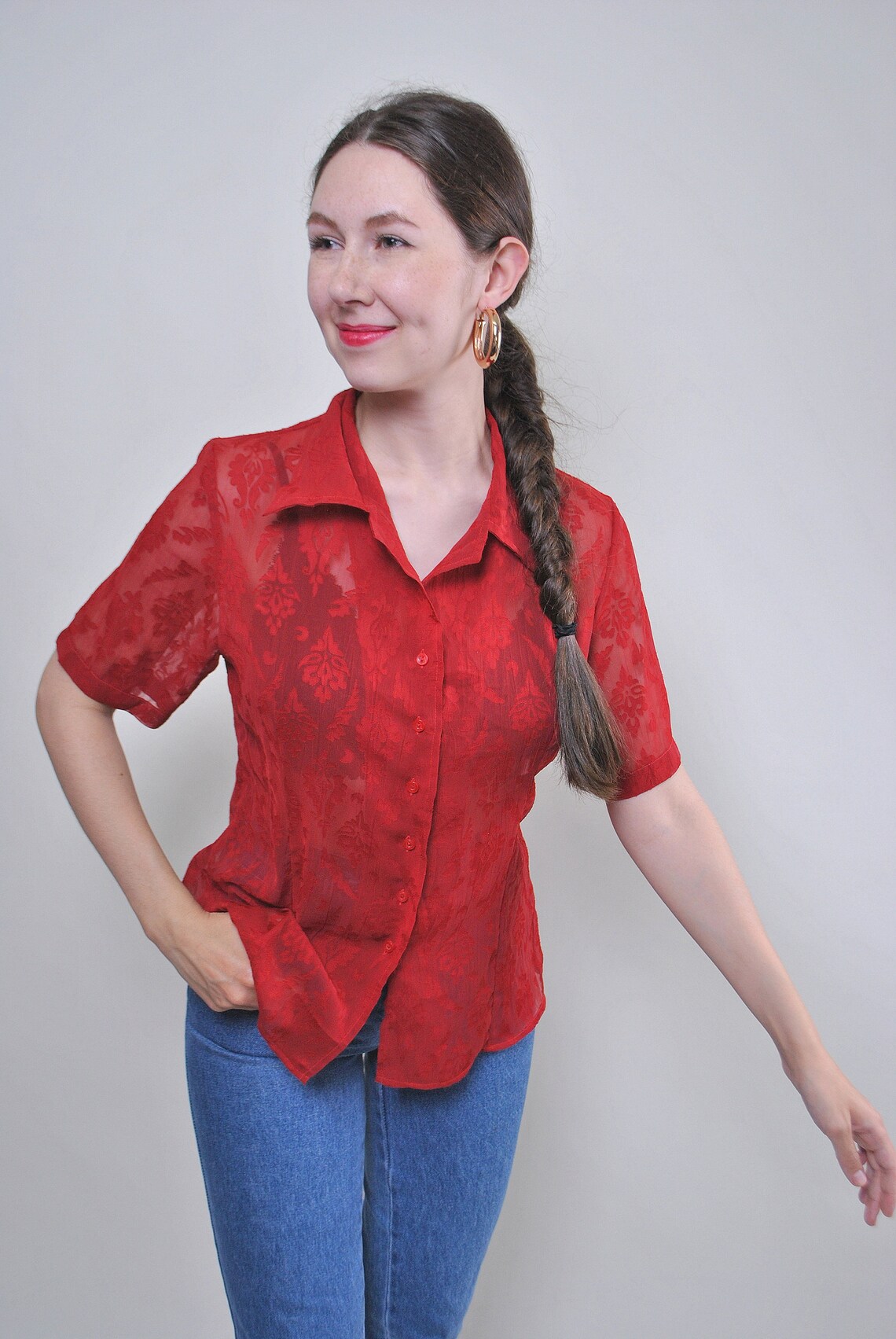 Red Lace Blouse Retro Sheer Sexy Button up Blouse Size M - Etsy