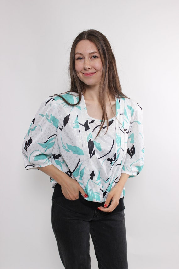 Vintage Abstract White Blouse, 90s Shoulder Pads Floral Pattern Top, Size L