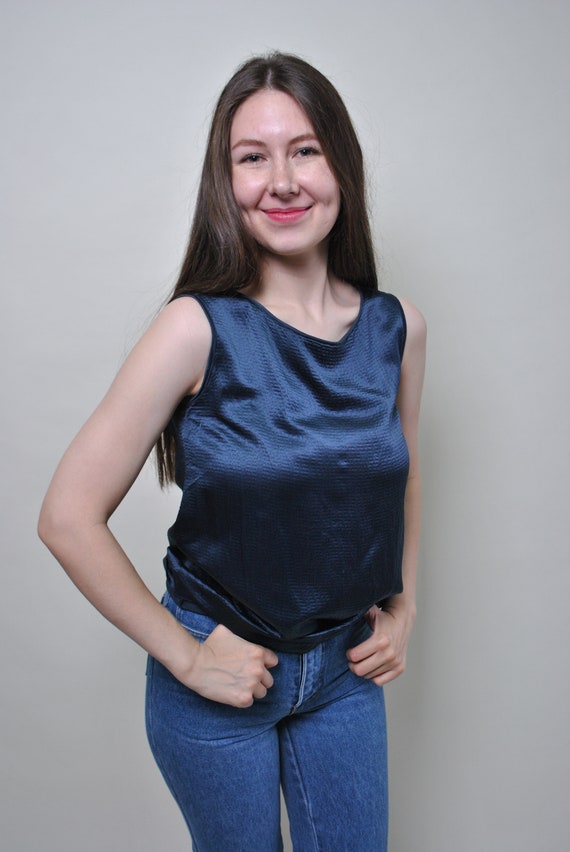 90s minimalist tank top, vintage bright blue top, Size M
