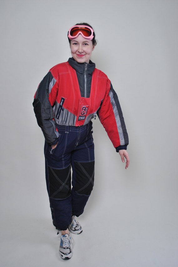 Vintage 90s One Piece Ski Suit, Retro Colorblock Red Snowsuit, Size S