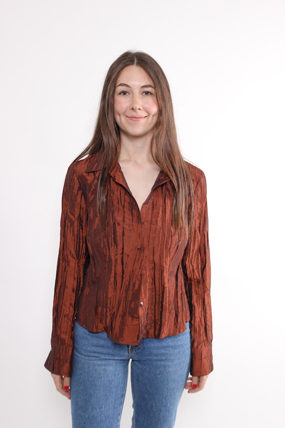 Vintage Textured Brown Blouse, 90s Shiny Cropped Crinkle Button Up Shirt, Size L