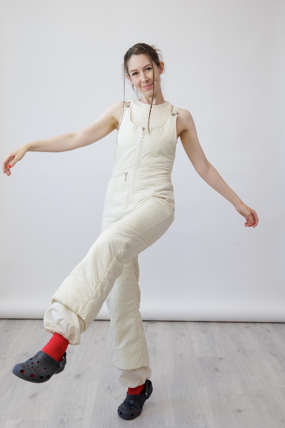 70s Cream Ivory Vintage Ski Bib Salopettes High Waist Snow Overalls Made in France Size S