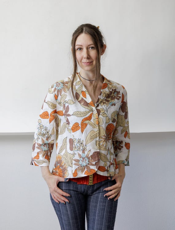 y2k Botanical Print Linen Blouse Rust Tan Brown Notched Collar Cropped Size M