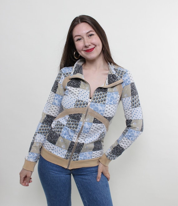 Y2k Patchwork Print Zip Up Sweatshirt Blue Floral Stand Collar  Boho Track Top Medium