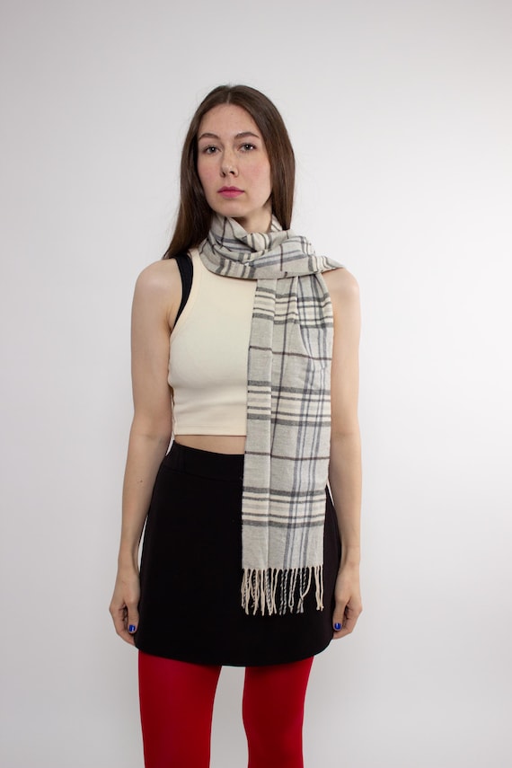 Vintage 90s Beige Plaid Scarf – Soft Acrylic Neutral Check Scarf with Fringe