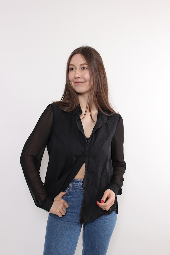 90s sheer button up blouse, vintage transparent sleeves minimalist blouse in black, Size M