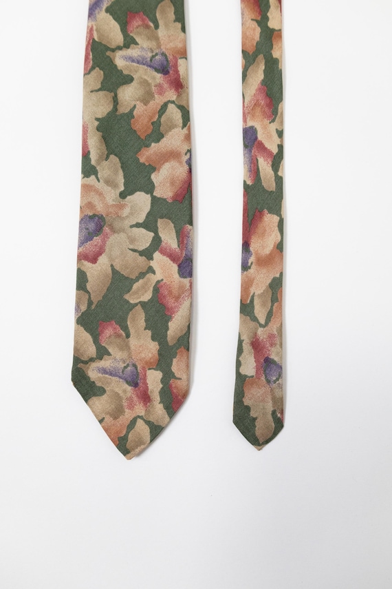 90s Pure Silk Tie Sage Green Watercolor Floral Impressionist Print Vintage Necktie