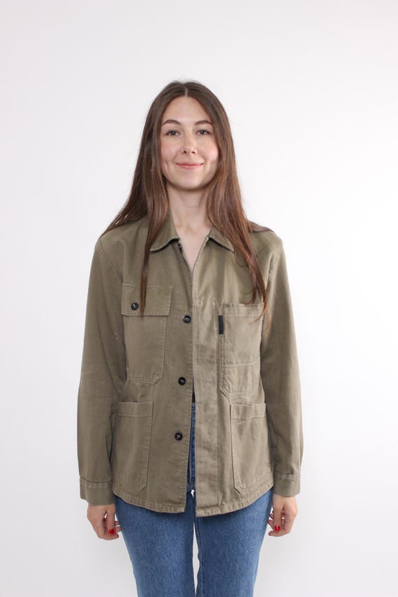 Vintage Minimalist Utility jacket, 90s Heavy Cotton workwear Brown Overshirt, Size L