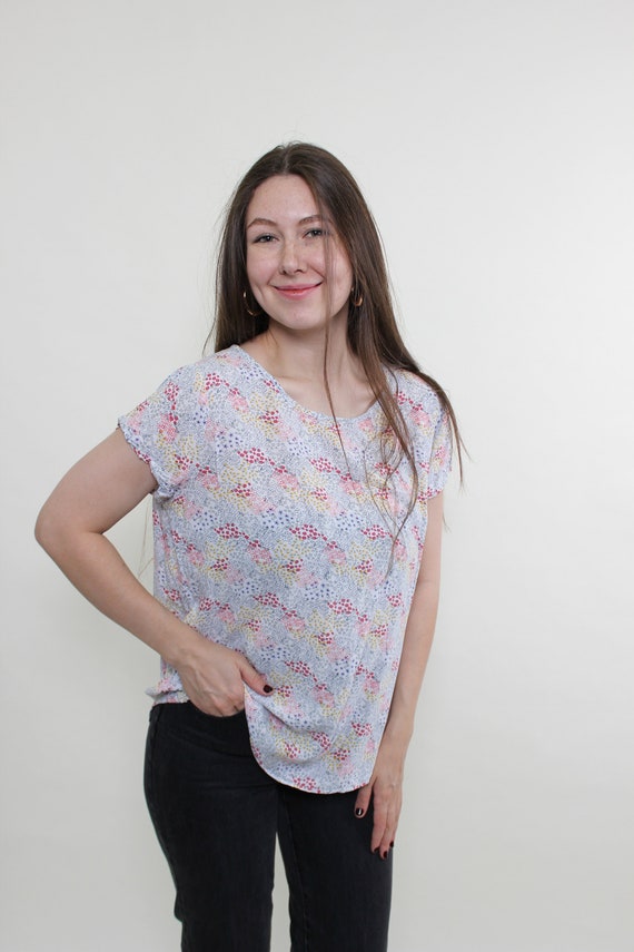 90s Vintage Floral Blouse Size M, Viscose Ditsy Print Top Women Romantic Cottagecore Shirt
