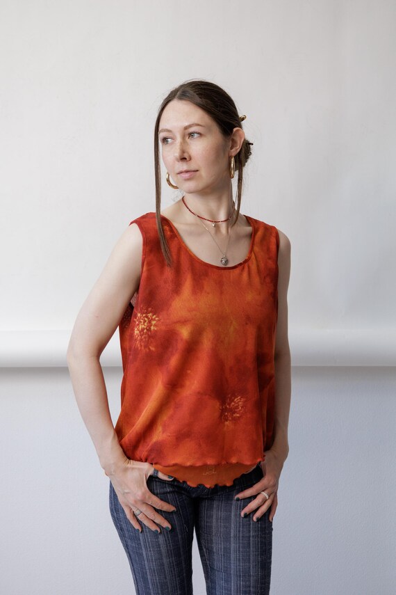 Y2k Rust Orange Tie Dye Mesh Tank Top Layered Lettuce Hem Sleeveless Boho L