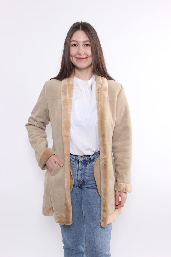 Vintage Penny Lane Coat, 70s Beige Faux Suede Shearling Coat, Size M