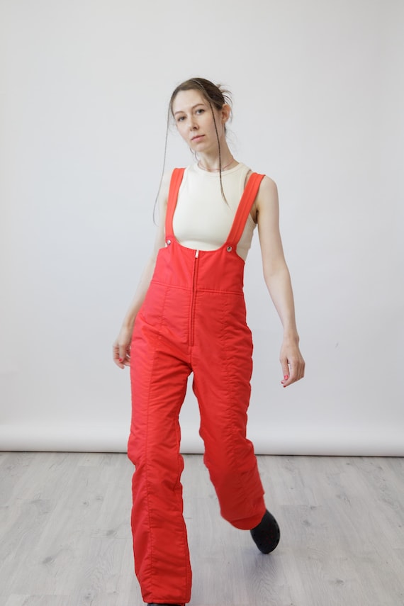 70s Tomato Red Vintage Ski Bib Salopettes Antigliss High Waist Snow Pants Made in Germany Size M