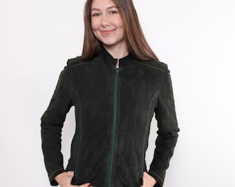 90s leather blazer in green, vintage grunge crop jacket, Size S