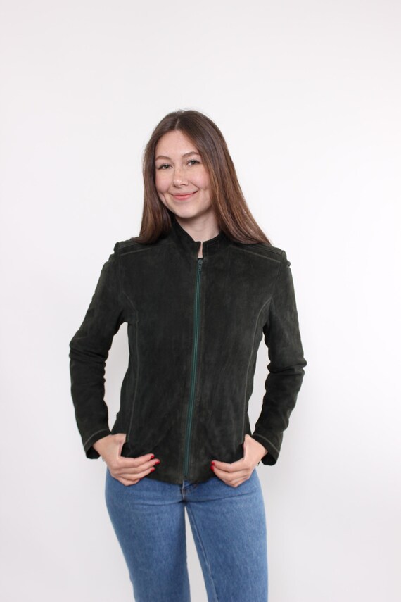 Vintage 90s leather blazer in green, Retro womens crop jacket, Size S