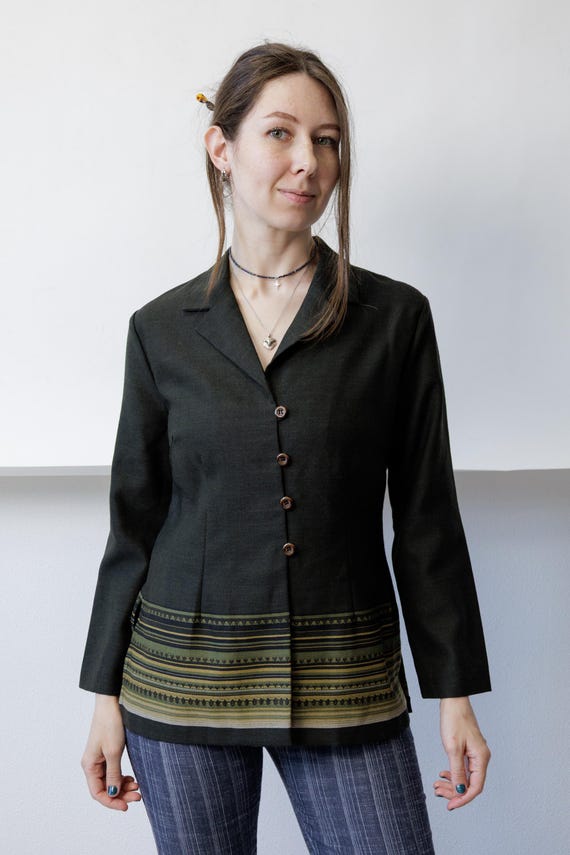 80s Green Wool Blazer with Folk Border Hem Vintage Notched Lapel Button Jacket Medium