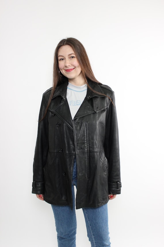 Vintage Black Leather Jacket Large, 90s Leather Blazer Coat Minimalist, Size L