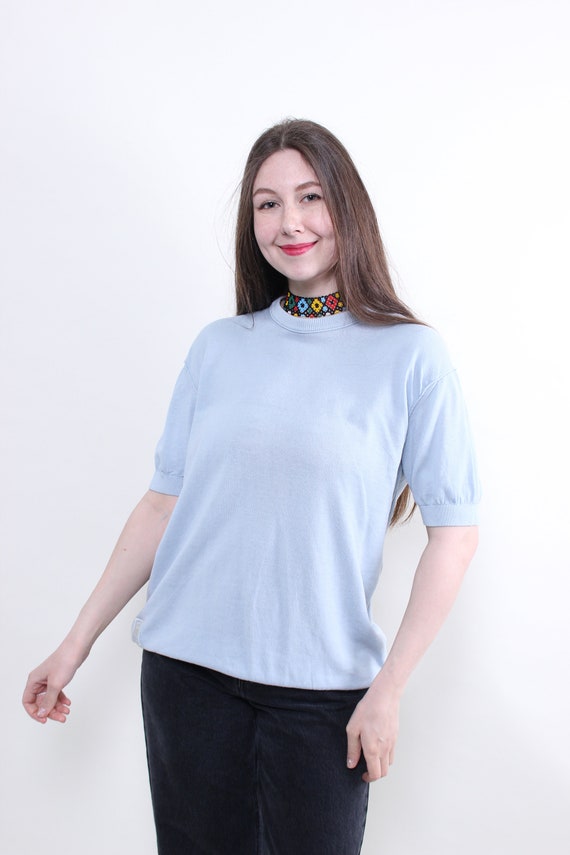 Mock Neck Knit Top Vintage 90s Baby Blue Short Sleeve M