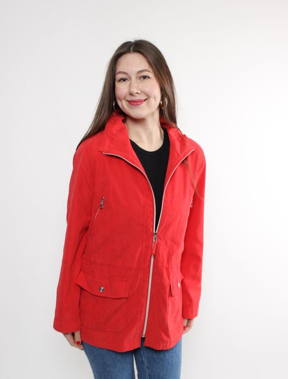 Y2K Red Zip Anorak Jacket Funnel Neck Drawstring Waist Lightweight Sport Size M