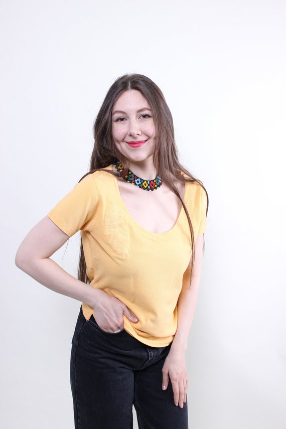 vintage y2k Colmar surfing t-shirt, 2000s yellow summer tshirt XL size flower embroidery top