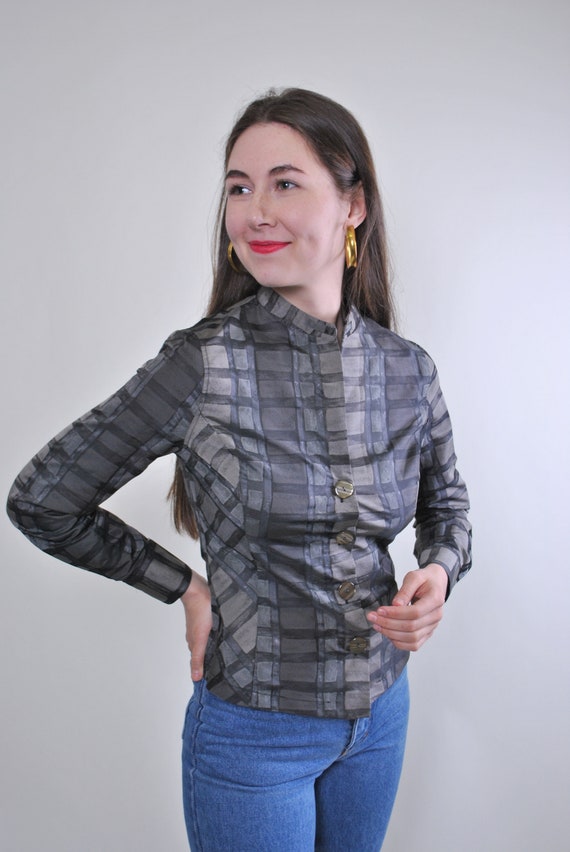 Women vintage grey long sleeve plaid pattern blous