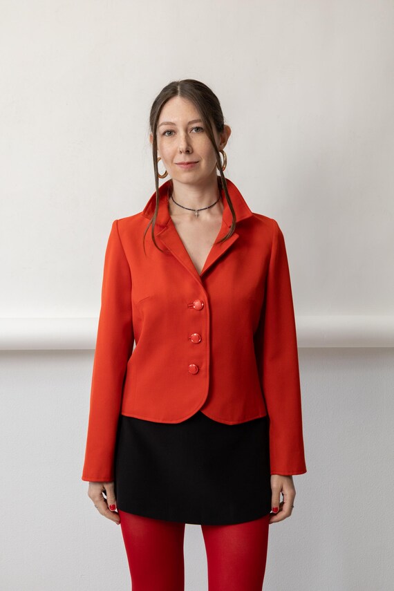 90s Red Cropped Blazer Vintage Fitted Notch Lapel Statement Button Jacket Size S