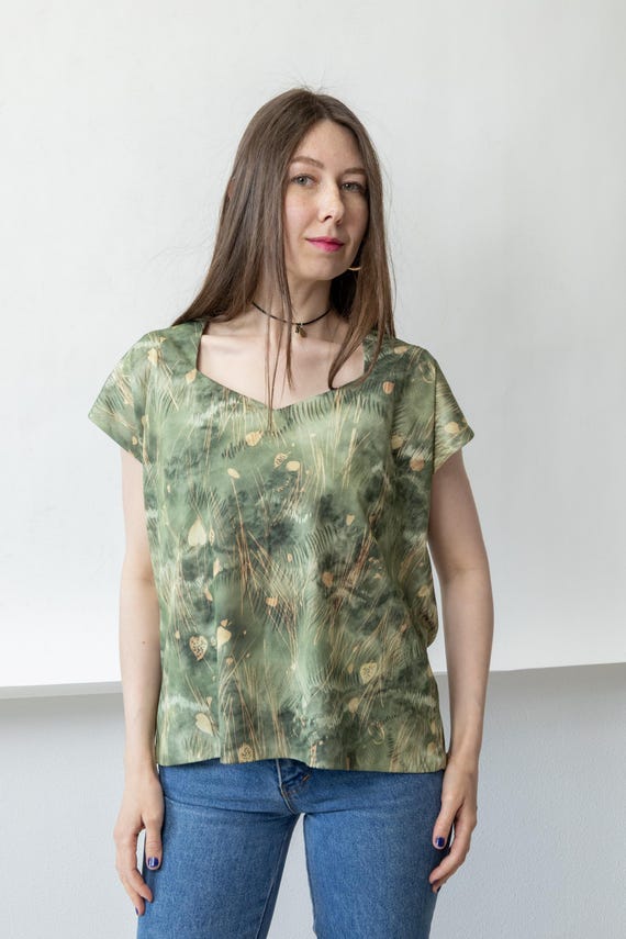 90s Sage Green Watercolor Botanical Top Vintage Cap Sleeve Sweetheart Neck Blouse Size L
