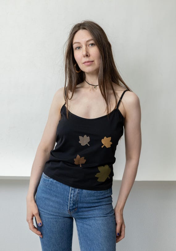 Y2K Black Autumn Leaf Cami Tank Top Vintage Spaghetti Strap Scoop Top Size L