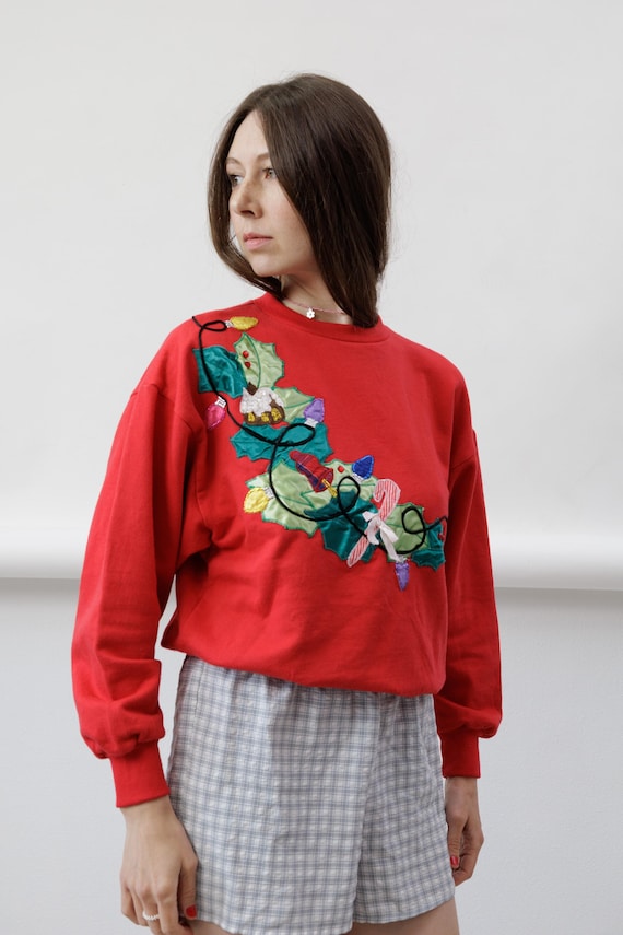 Vintage Christmas Lights Applique Sweatshirt Holly Candy Cane Red Crewneck M