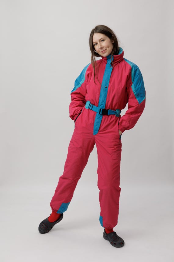 90s Raspberry Pink Teal Colorblock Vintage Ski Suit One Piece Snowsuit Hood Size S