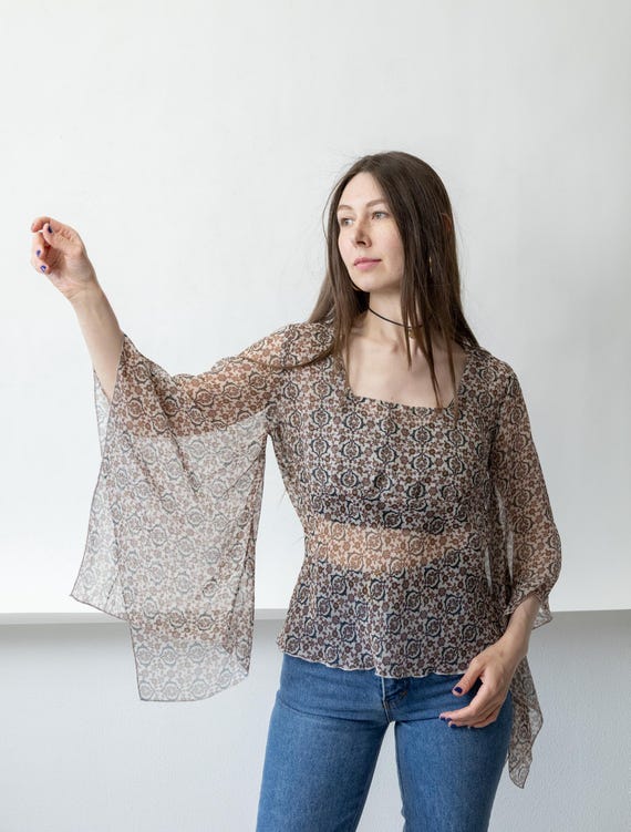 Y2K Persian Medallion Mesh Blouse Vintage Sheer Bell Sleeve Boho Top Ethnic Print Size M